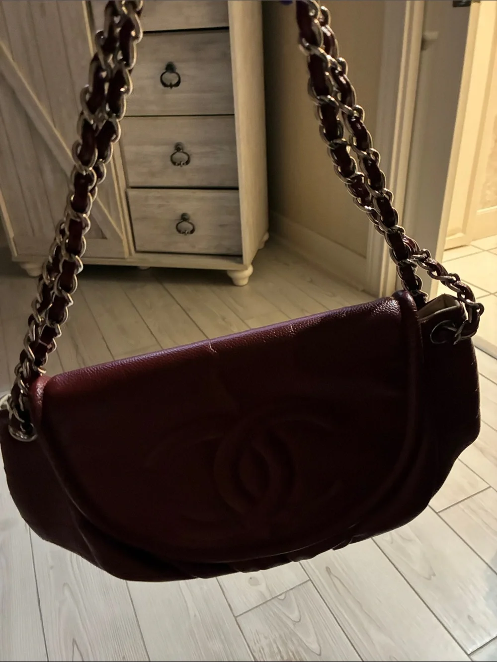 Chanel Quilted Leather half moon Shoulder Bag in Deep Burgundy with silver chain